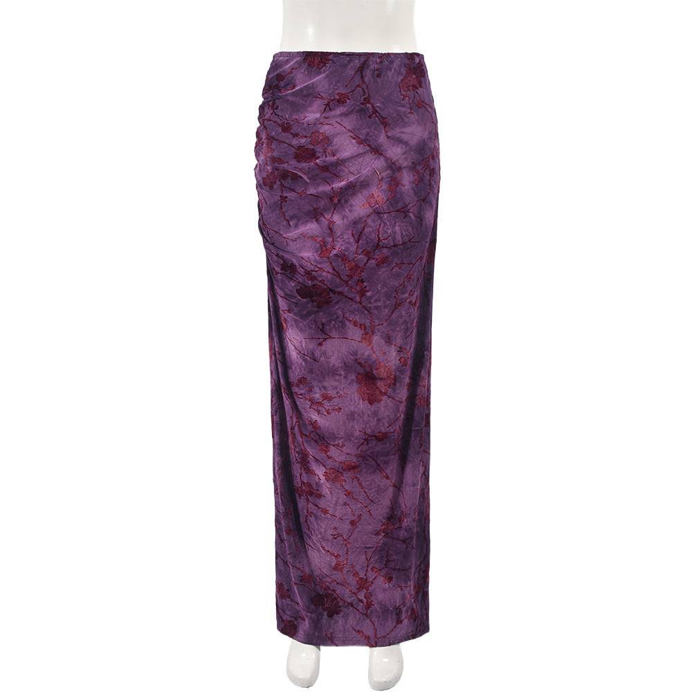 Product-only display of Flocking Flower Sheath Skirt - Sexy Trendy Fashion in purple with floral flocking, high waist and slim silhouette.