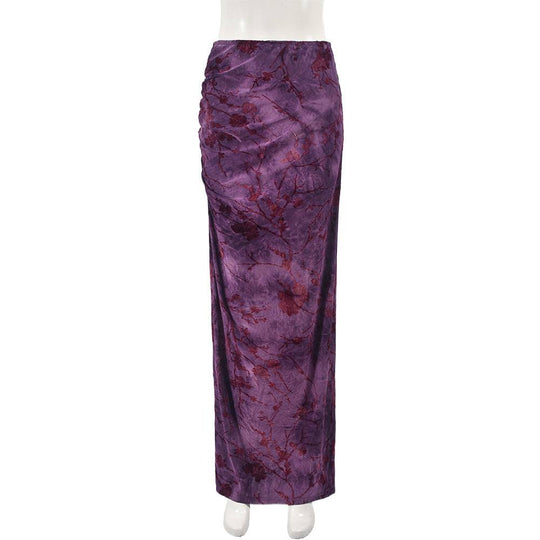 Product-only display of Flocking Flower Sheath Skirt - Sexy Trendy Fashion in purple with floral flocking, high waist and slim silhouette.