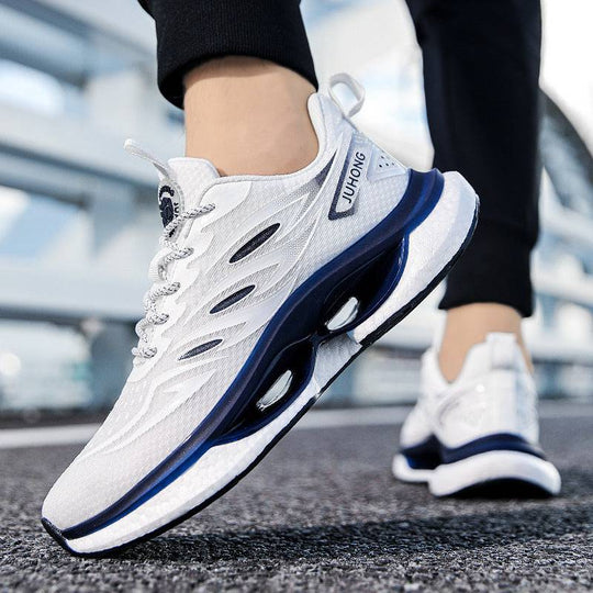 Lightweight fashion TPU popcorn sneaker in white with blue accents, featuring breathable mesh and cushioned sole for stylish streetwear comfort.