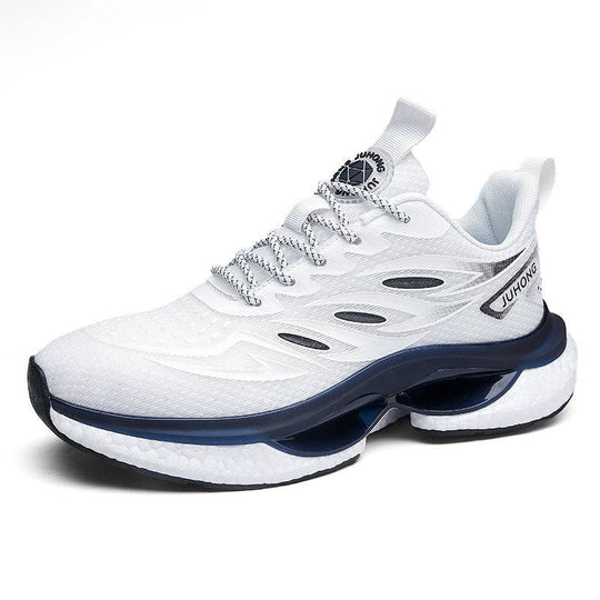 White lightweight fashion TPU popcorn sneaker with navy sole and breathable mesh upper, ideal for casual and athletic wear with modern aesthetics.