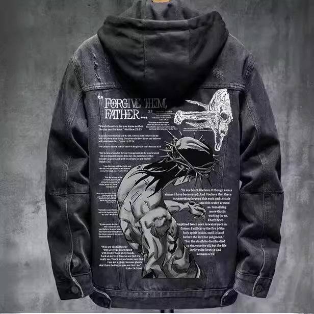 Men's denim coat with graphic design on back
