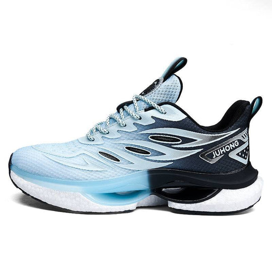 Side view of lightweight fashion TPU popcorn sneaker in blue and black, showcasing ventilated mesh upper and dual-density sole for comfort and support.