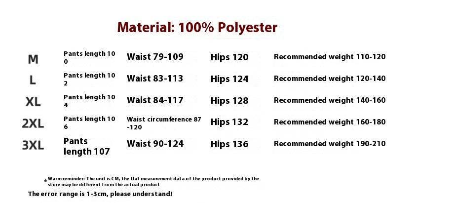 Size chart for retro men's outdoor loose casual pants