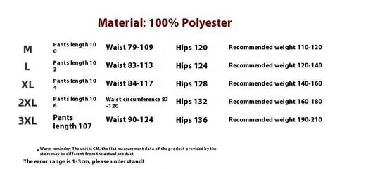 Size chart for retro men's outdoor loose casual pants