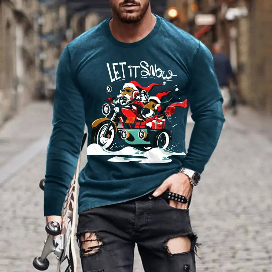 3D print holiday shirt with Santa and dog riding motorcycle, 'Let It Snow' text, festive long sleeve for men, sizes S-6XL.