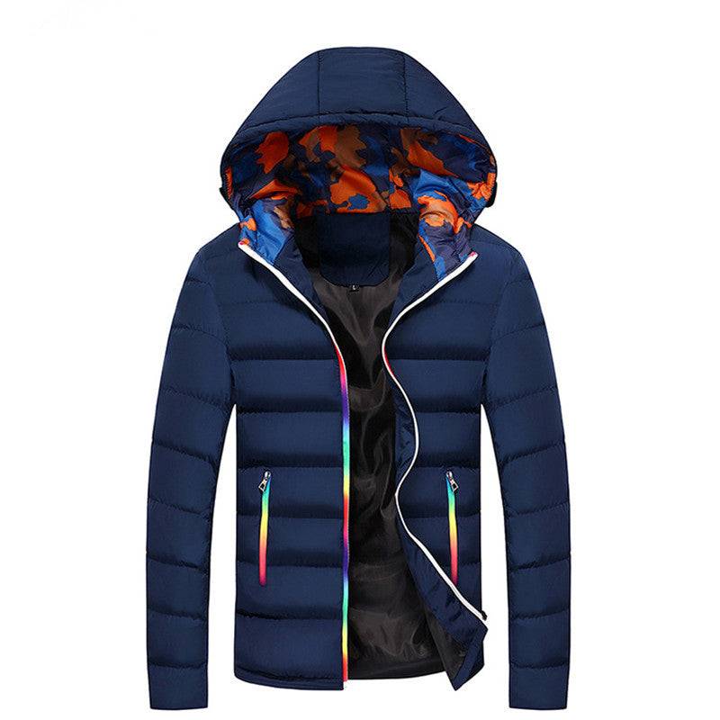 Navy blue teenagers down jacket with detachable collar, vibrant zipper accents, and camo-lined hood for cold weather fashion.