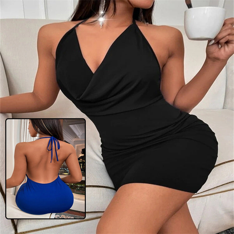 V-neck backless dress in black with halter neckline, perfect for summer parties and evening wear. Breathable sling style for trendy comfort.