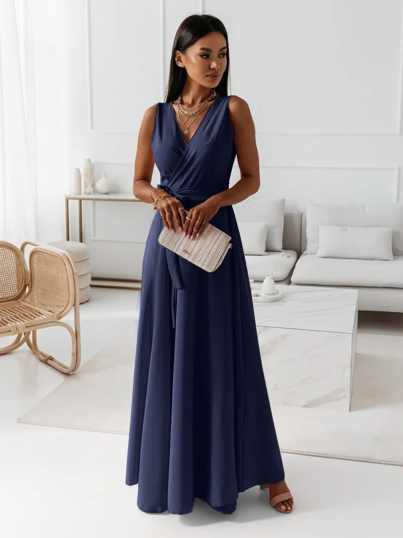 Navy blue V-neck sleeveless maxi dress for women with belt, designed for stylish summer parties or club events.