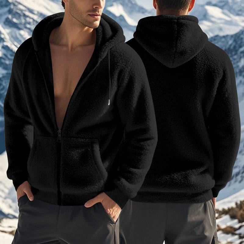Men's black fleece jacket with hood and front zipper, thick and warm for cold climates and outdoor adventures.