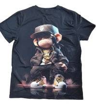 Men's printed short sleeved t-shirt featuring a cartoon monkey in streetwear with cap and sneakers. Ideal for casual and urban fashion styles.