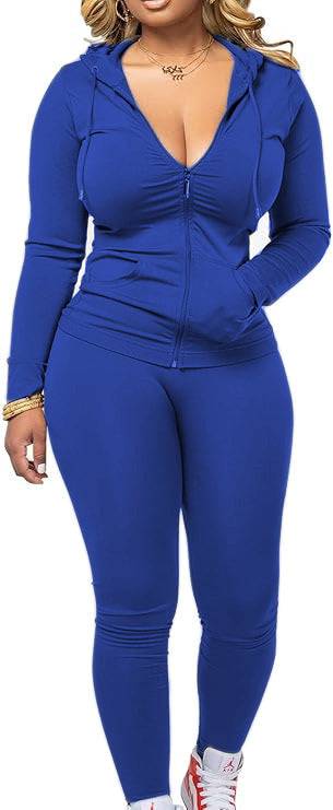 Royal blue women's fleece hoodie outfit with zip-up hoodie and leggings. Casual polyester two-piece set for stylish everyday wear.