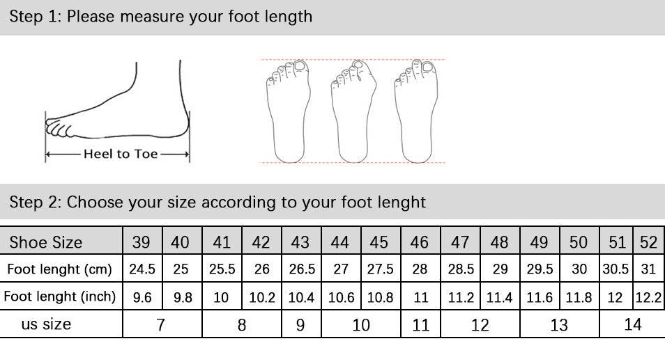 Size chart for plus size men’s shoes showing foot length in cm and corresponding US and EU sizes for accurate fitting.