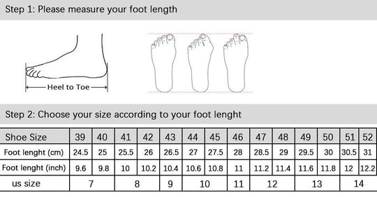 Size chart for plus size men’s shoes showing foot length in cm and corresponding US and EU sizes for accurate fitting.