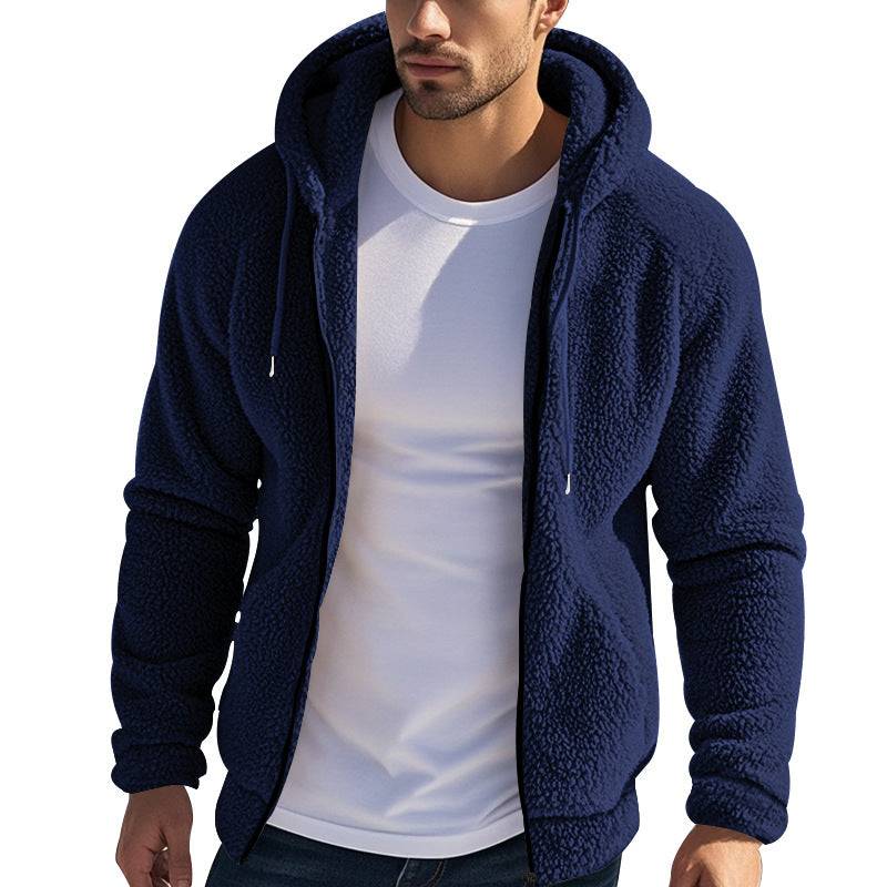 Men's warm fleece jacket in navy blue with zipper and hood, thick double-sided fleece for comfort and insulation.