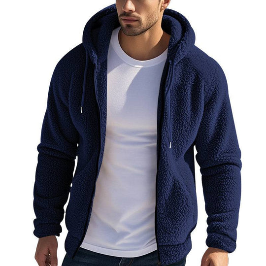 Men's warm fleece jacket in navy blue with zipper and hood, thick double-sided fleece for comfort and insulation.