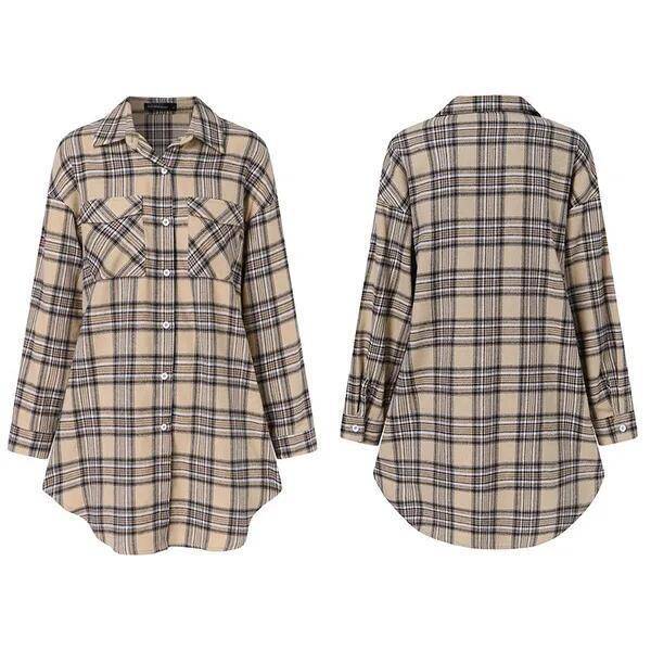 Front and back view of Women's Printed Plaid Plus Size Pocket Shirt Dress in khaki, featuring chest pockets and curved hem design.
