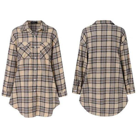 Front and back view of Women's Printed Plaid Plus Size Pocket Shirt Dress in khaki, featuring chest pockets and curved hem design.