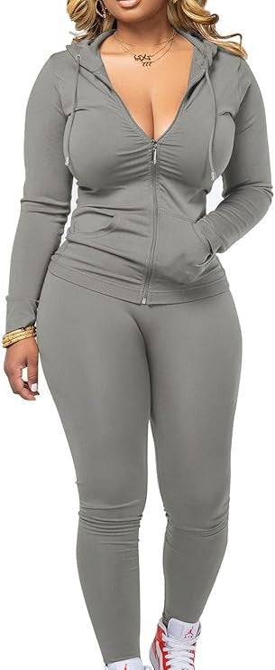 Gray women's fleece hoodie outfit set with zip-up hoodie and leggings. Perfect casual polyester set for relaxed streetwear looks.