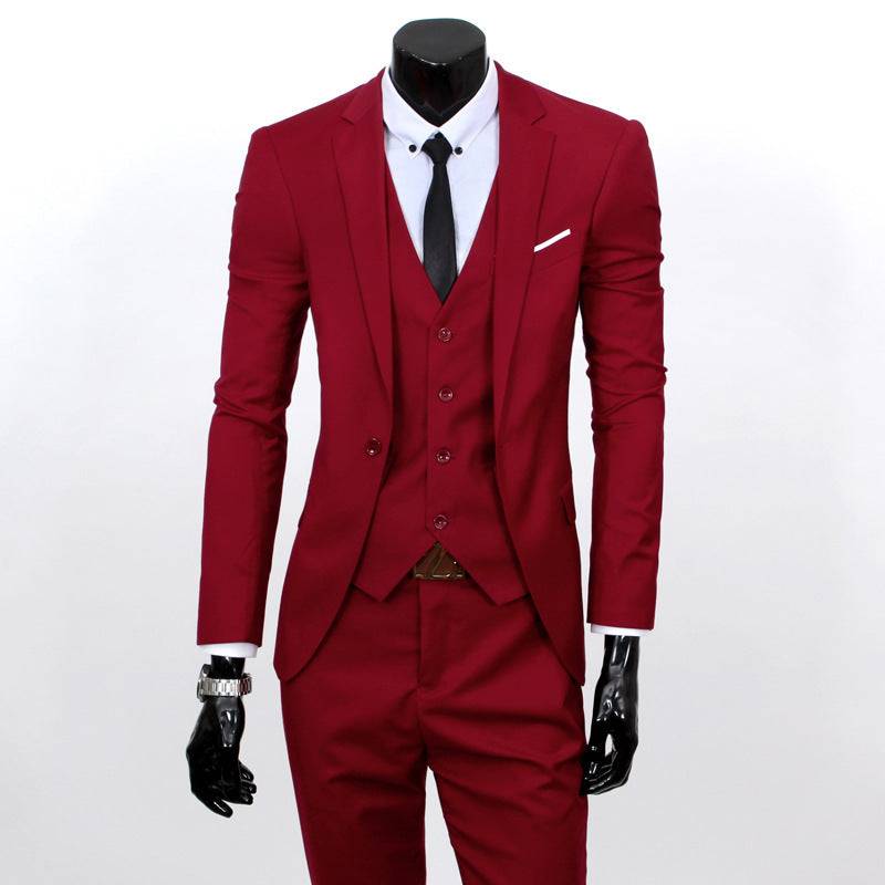 Men's Suit Set - One Button Work All-Match in bold red with matching vest and slim-fit trousers, ideal for formal business wear.