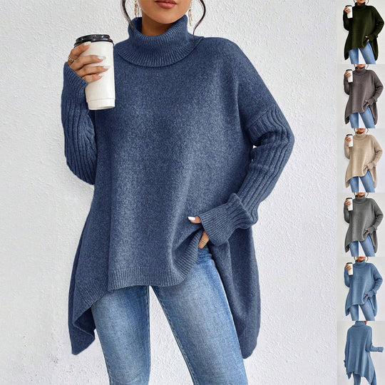 CozyWeave Women's Irregular Turtleneck Sweater - Loose Fit Winter Knit for Warm Layering