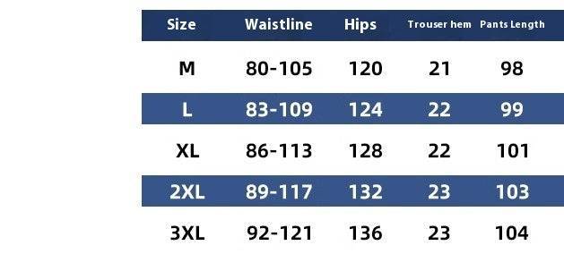 Size chart for straight loose casual trousers