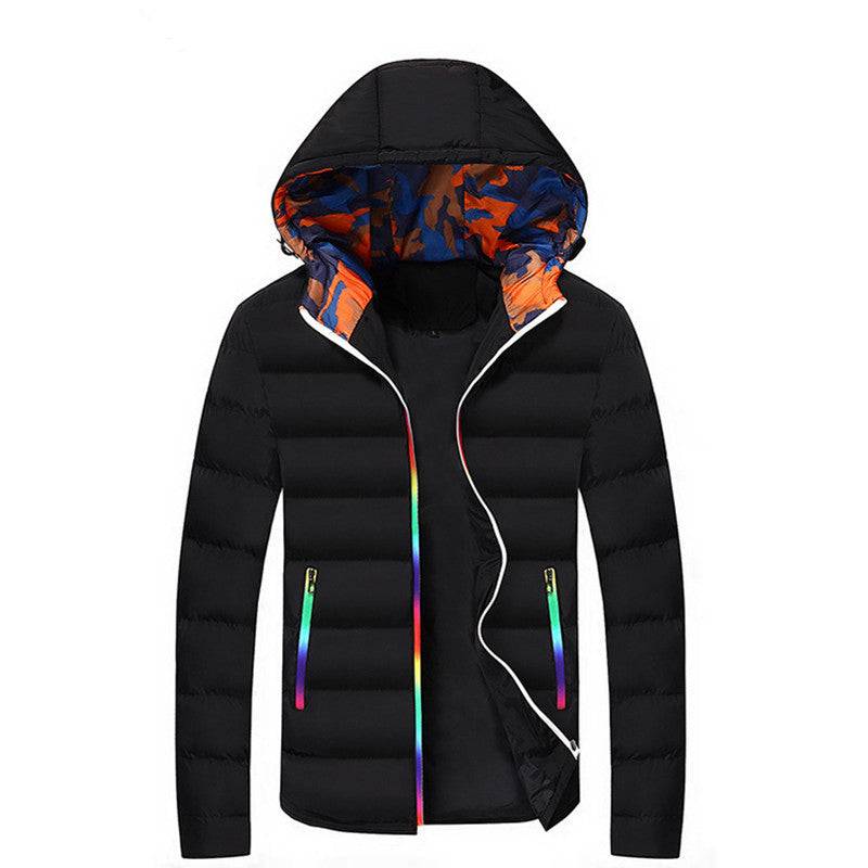 Black teenagers down jacket with detachable collar, rainbow zipper details, and orange-blue camo hood lining for winter wear.