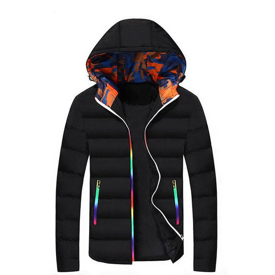 Black teenagers down jacket with detachable collar, rainbow zipper details, and orange-blue camo hood lining for winter wear.