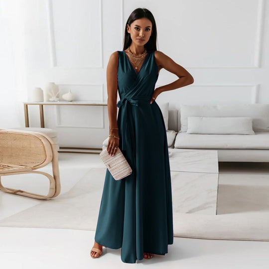 Chic dark teal V-neck sleeveless maxi dress for women, featuring a belted waist for summer evening events.