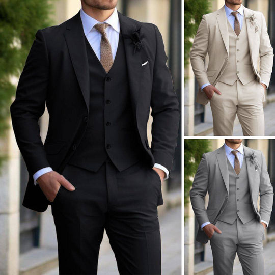 Men's casual suit in black, beige, and gray