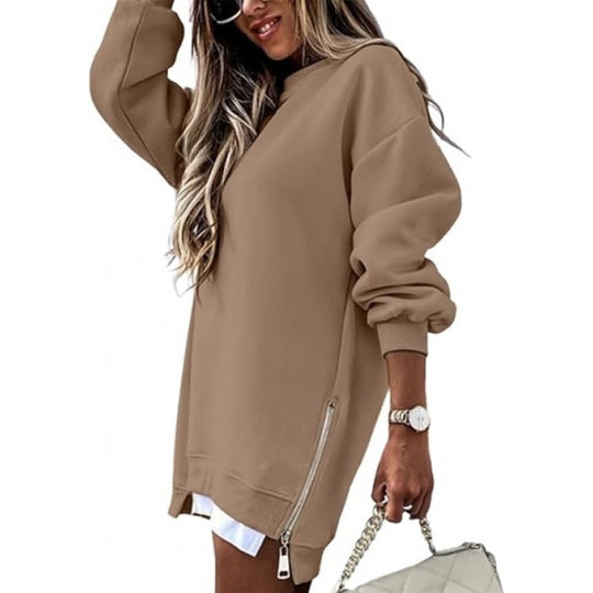 Khaki side zipper pullover sweater for women, fall winter fashion staple with a relaxed fit and stylish layered appearance.