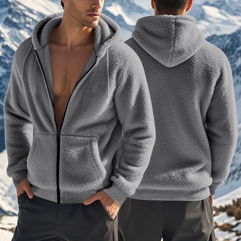 Men's gray fleece jacket with hood and zipper, thickened warm design ideal for cold weather and outdoor comfort.