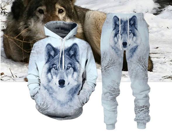 Wolf Set Suit - Hoodie Pants featuring realistic wolf face on light snow background. Unisex winter-themed fashion for comfort and style.