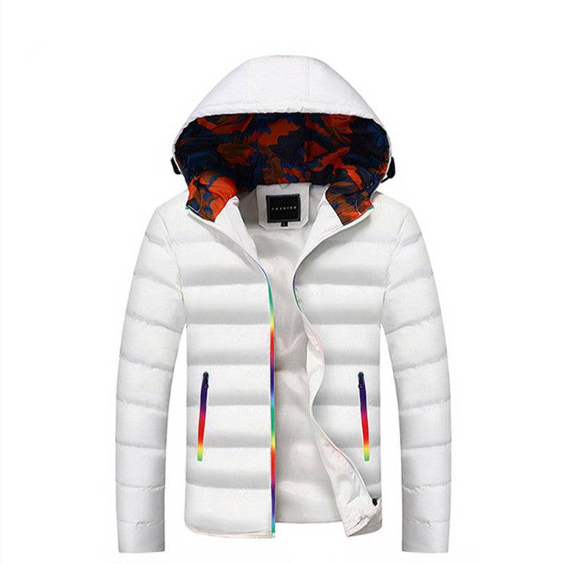 White teenagers down jacket with detachable collar, colorful zipper pockets, and red-blue camo hood lining for stylish warmth.