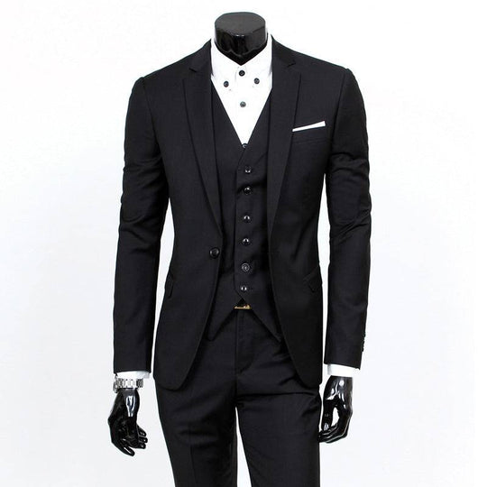 Classic black Men's Suit Set - One Button Work All-Match with white shirt and black buttons, ideal for work or formal events.
