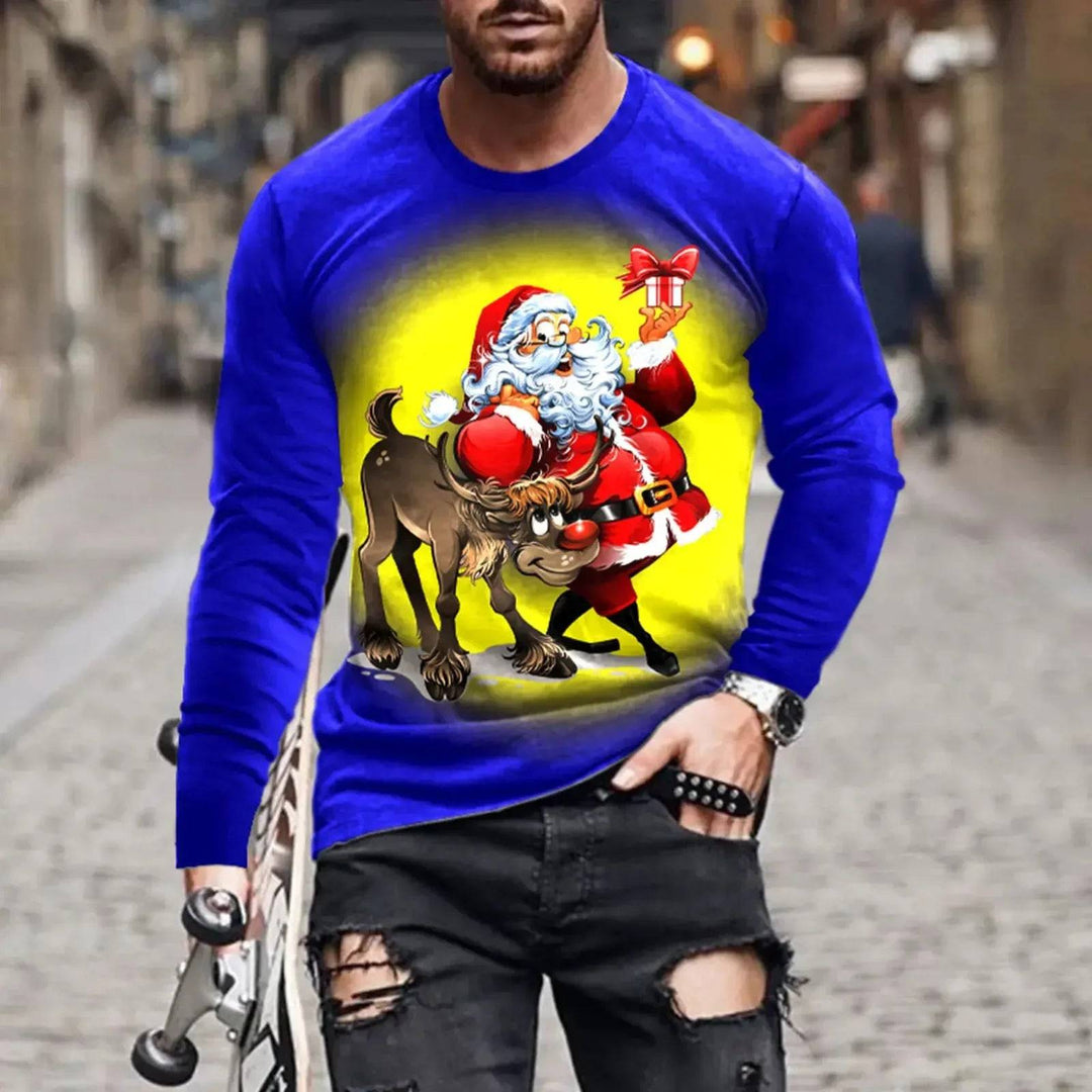 3D print holiday shirt with Santa and reindeer on glowing yellow background, long sleeve Christmas shirt, S-6XL.