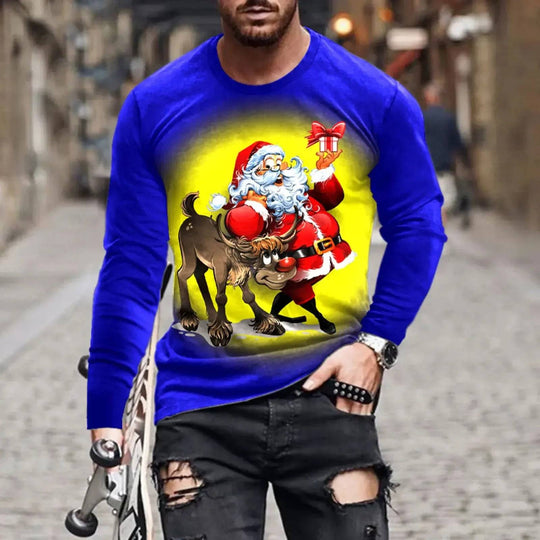 3D print holiday shirt with Santa and reindeer on glowing yellow background, long sleeve Christmas shirt, S-6XL.