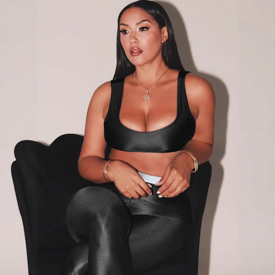 Front Step Shiny Leggings - Slim Fit Nylon Trousers in black, paired with matching crop top, showcasing sleek and shiny finish for bold style.