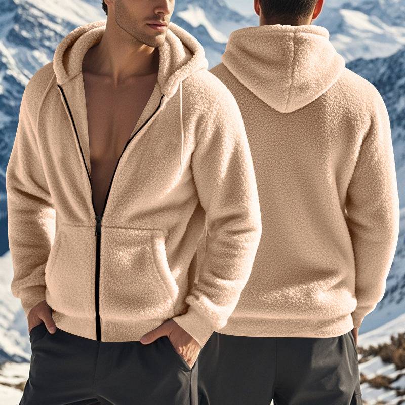Men's warm fleece jacket in beige with zipper and hood, double-sided thickened design ideal for cold weather and outdoor wear.
