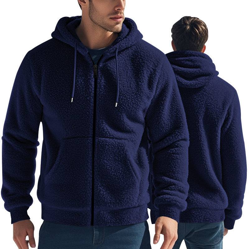 Men's navy blue fleece jacket with hood and zipper, thickened for warmth and perfect for winter outdoor activities.