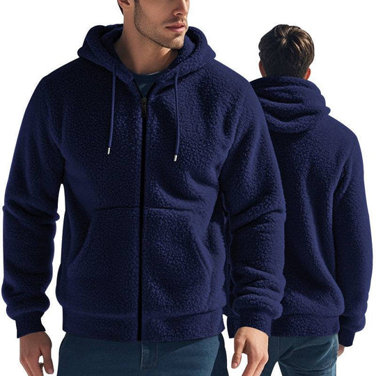 Men's navy blue fleece jacket with hood and zipper, thickened for warmth and perfect for winter outdoor activities.