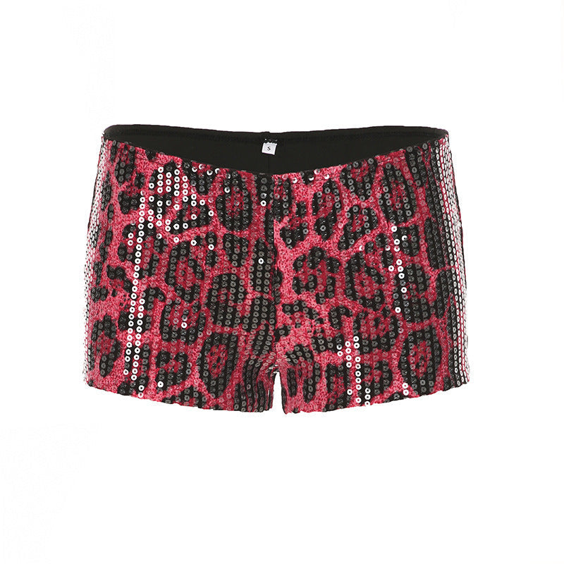 Women's fashion low waist sequined shorts in rose red leopard print, ideal for vibrant spring and summer outfits.