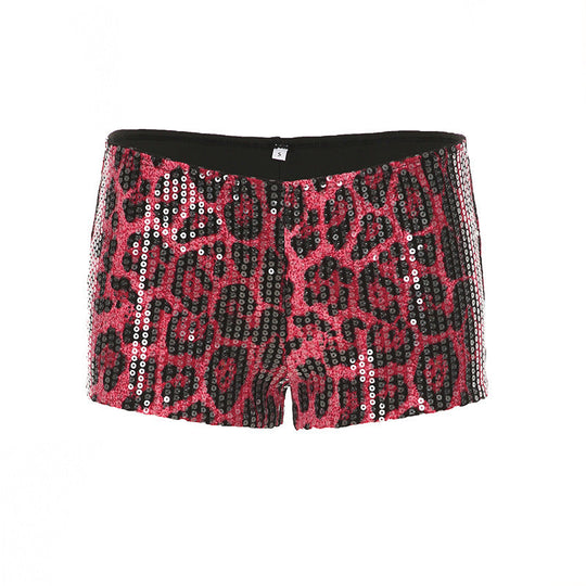 Women's fashion low waist sequined shorts in rose red leopard print, ideal for vibrant spring and summer outfits.