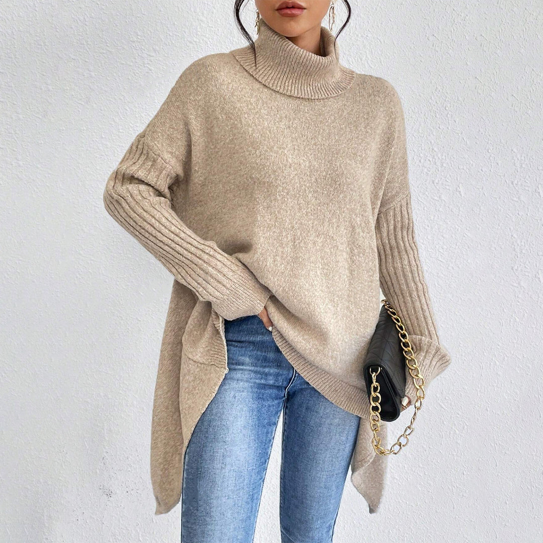CozyWeave Women's Irregular Turtleneck Sweater - Loose Fit Winter Knit for Warm Layering