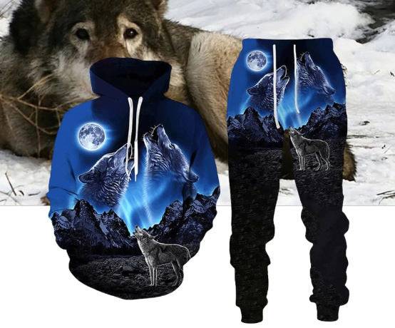 Wolf Set Suit - Hoodie Pants in blue with howling wolves and moonlit mountain scene. Unisex loungewear blending nature and modern style.