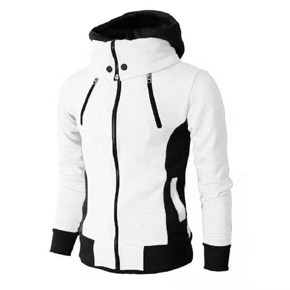 White and black men's zip-up hooded jacket with slim fit and dual chest zippers, ideal for stylish and comfortable casual outings.
