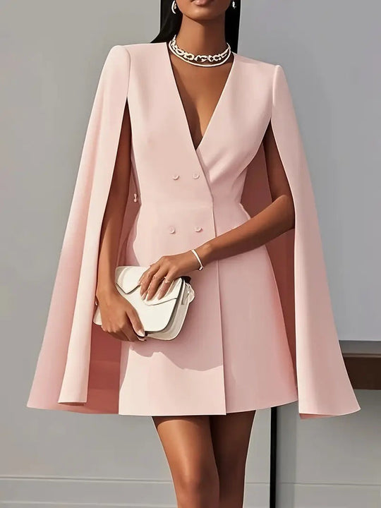 Pink Shawl Cape Suit Dress - Commuter Style with a flattering V-neck and cape sleeves. Double-breasted mini dress in sizes S-XXL.