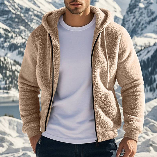 Men's beige fleece jacket with zipper and hood, thick double-sided fleece for warmth and stylish winter layering.