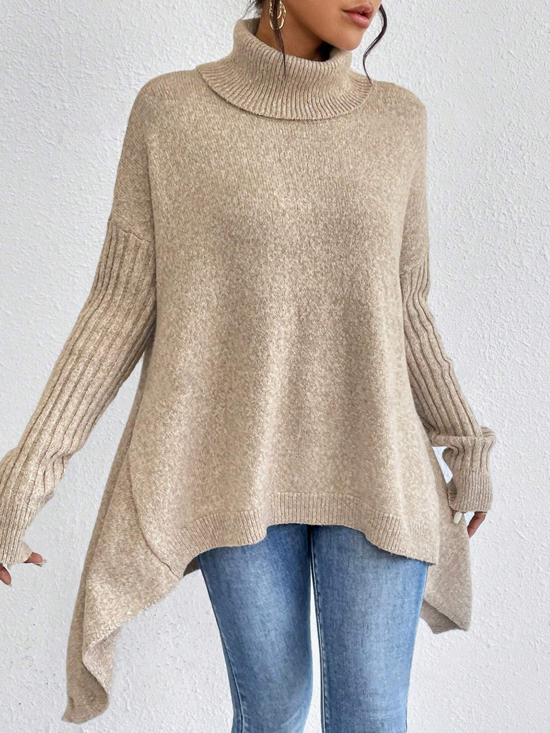 CozyWeave Women's Irregular Turtleneck Sweater - Loose Fit Winter Knit for Warm Layering