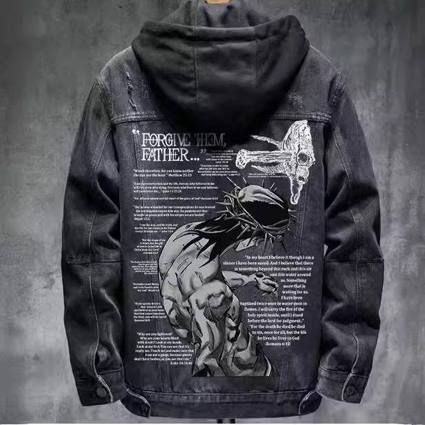Men's denim coat with graphic design on back