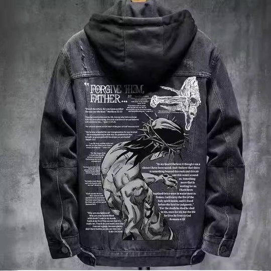 Men's denim coat with graphic design on back